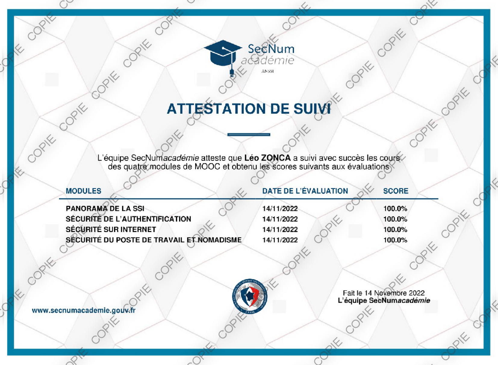 Certificat SecNumacadémie ANSSI